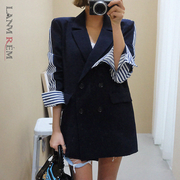 LANMREM 2023 Autumn Casual Women Loose Vintage Stitching Stripes Back Slit Long Sleeve BlazerTC806
