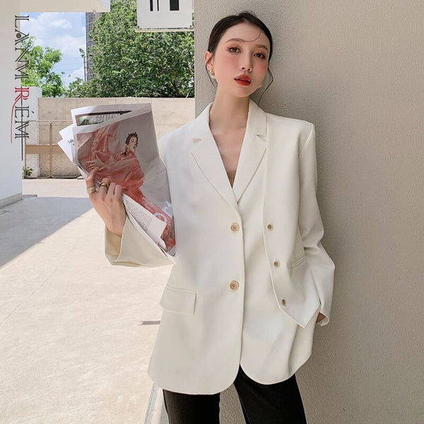 LANMREM 2023 Women Autumn Double Breasted Patchwork Fake Two Piece Notched Solid Color Ladies Blazer 2J269