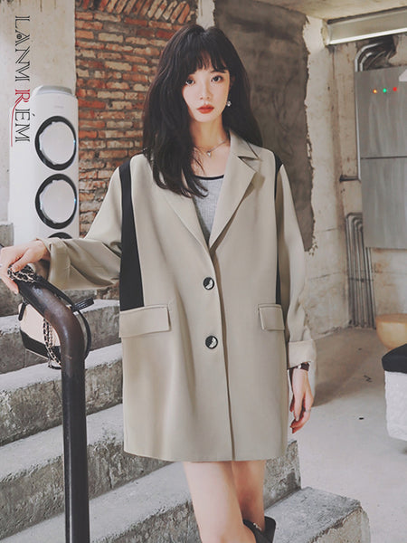 LANMREM 2023 Women Autumn Notched Blazer Female Single Breasted Solid Color Long Sleeve Casual Coats 2J1432
