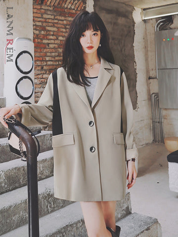 LANMREM 2023 Women Autumn Notched Blazer Female Single Breasted Solid Color Long Sleeve Casual Coats 2J1432
