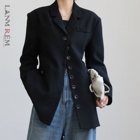 LANMREM 2022 Women Notched Single Breasted Black Color Blazer Female Long Sleeve Casual Coat Spring Autumn 2J506
