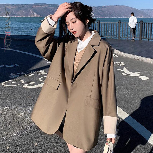 LANMREM 2022 Women Spring Autumn Lapel Blazer Notched Solid Color Long Sleeve Single Button Casual Coats Female Fashion2J738
