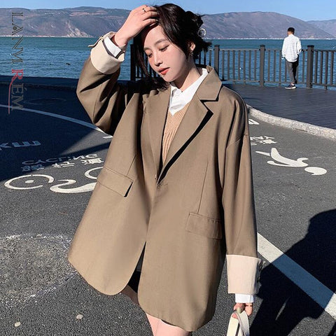 LANMREM 2022 Women Spring Autumn Lapel Blazer Notched Solid Color Long Sleeve Single Button Casual Coats Female Fashion2J738
