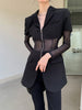 LANMREM 2022 Spring Net Yarn Stitching Perspective Waist  Deep V-neck Suit Coat Women Long Sleeve Black Blazer 2W742