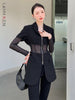 LANMREM 2022 Spring Net Yarn Stitching Perspective Waist  Deep V-neck Suit Coat Women Long Sleeve Black Blazer 2W742