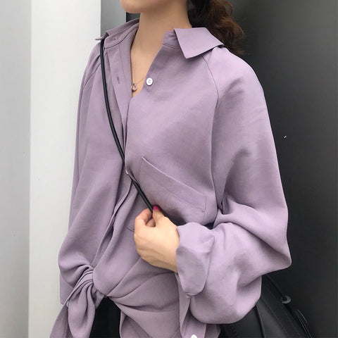 Autumn Fashion Back Button Turn Down Collar Blouse Pocket Loose Causal Long-sleeve Women's Shirt UA03314