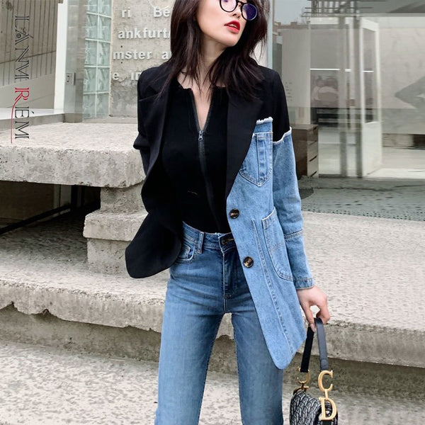 LANMREM Biker Jacket Denim Motorcycle Women Irregular Coat Temperament Tide Autumn Patchwork 2022  2K2313