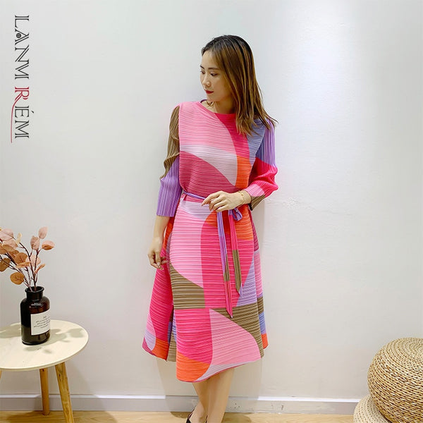 LANMREM Fold Dress 2022 Women's Autumn   Loose Cover Belt Thin Dresses Printed Female Casual Clothes 2D1127
