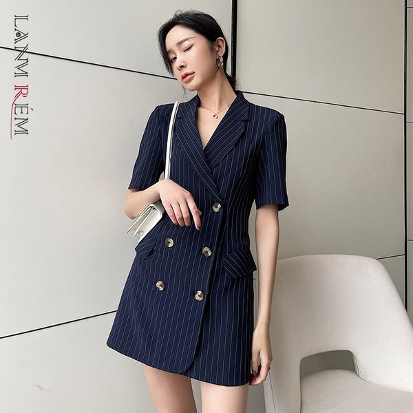 LANMREM Loose Fit Temperament 2022 Lapel Collar High Waist Short Sleeve Dress Women Spring Arrive 2K22085