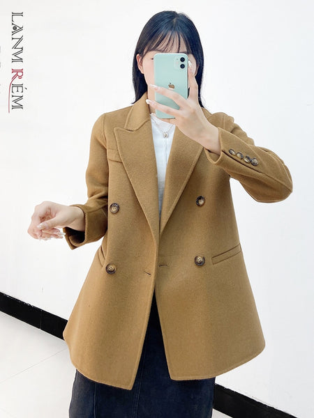 LANMREM  Wool Blazers For Women Notched Double Breasted Office Lady High End Coats Solid Color 2023 Autumn Winter 2R6580