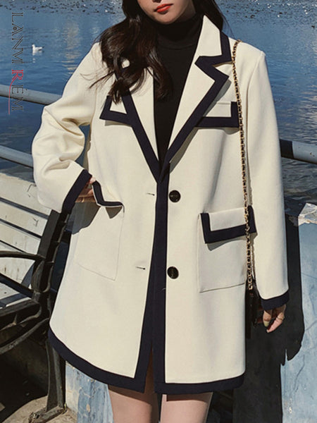LANMREM Patchwork Casual Blazers For Women Turn-down Collar Long Sleeve Loose Single Breasted 2023 Autumn 2N303