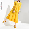 LANMREM Solid Color V-neck Seven-point Sleeve Three-dimensional Pleated Plus Woman Dress Casual 2022 autumn TV738