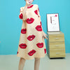 LANMREM Stand Collar Pleated Dress With Red Lips 2022 Spring Autumn Single Breasted Loose Casual Dresses For Female 2M203