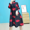 LANMREM Stand Collar Pleated Dress With Red Lips 2022 Spring Autumn Single Breasted Loose Casual Dresses For Female 2M203