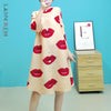LANMREM Stand Collar Pleated Dress With Red Lips 2022 Spring Autumn Single Breasted Loose Casual Dresses For Female 2M203