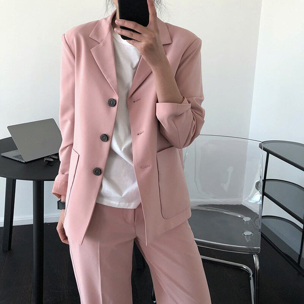 LANMREM Women Pink Blazer Notched Long Sleeve Loose Fit Jacket Temperament Tide Autumn And Autumn 2022 2E1486
