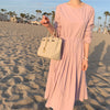 LANMREM Women Purple Drawstring Pleated Mid-Dress Round Neck Three Quarter Loose Fit Tide autumn winter 2022 2E1424