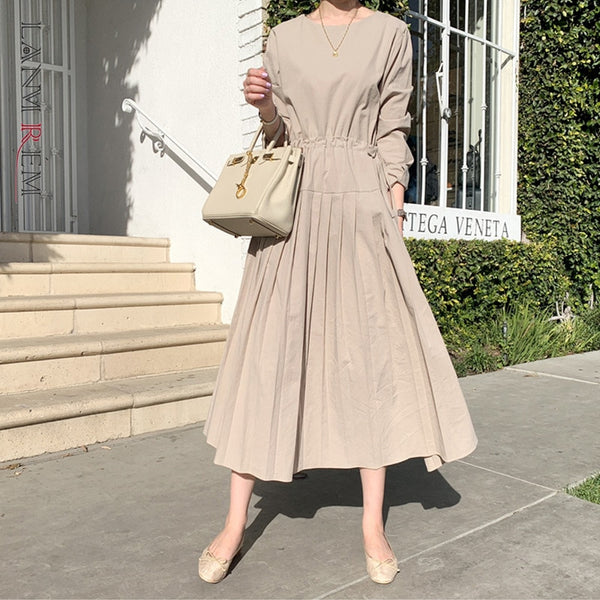 LANMREM Women Purple Drawstring Pleated Mid-Dress Round Neck Three Quarter Loose Fit Tide autumn winter 2022 2E1424