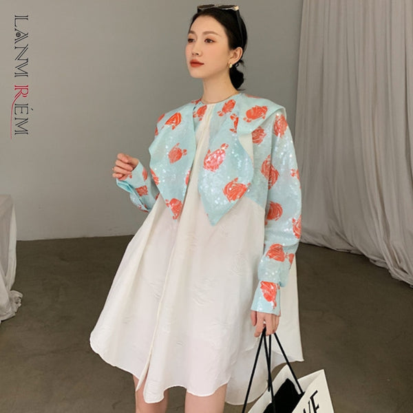 LANREM red Fish scale sequin small round-neck loose all-match above knee casual dress for female autumn tide 2A1423