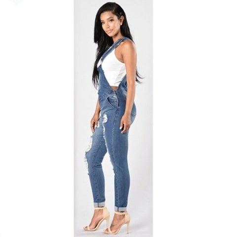 Denim Jumpsuits Women Fashion Ripped Hole Long Overalls Jeans Jumpsuits Feminine Casual Washed Hollow Out Rompers
