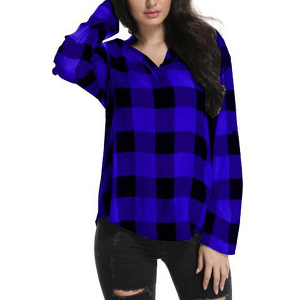 New Autumn Women Plaid Printed Shirt Long Sleeve Casual Loose Blusas Tops Sexy V Neck Chiffon Shirts Plus Size 5XL