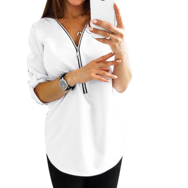 New Summer Fashion Women Shirts Elegant Short Sleeve Sexy V Neck Zipper Casual Tee Shirts Tops Female Clothing