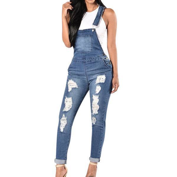 Spring Women Denim Overalls Jumpsuits Ripped Holes Casual Pockets Sleeveless Jumpsuits Hollow Out Slim Rompers 2XL