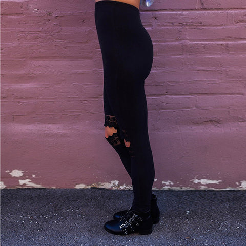 Black Patchwork Ripped Hole Sexy Lace Leggings Women High Waist Pencil Pants Gothic Punk Streetwear Leggins Femme