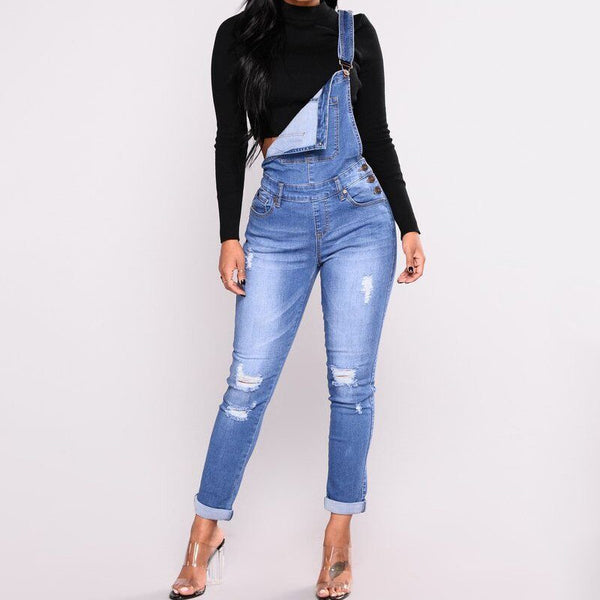 Blue Hole Denim Women Jumpsuits Adjustable Strap Button Pockets Overalls Jeans Autumn Pencil Long Pant Femme Plus Size