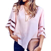Elegant Women V Cut Neck Patchwork Lace Shirts Sexy Stand Collar Pleated Blouse Summer Women Workwear Casual Shirt Tops