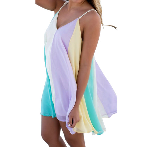 Fashion Sleeveless Chiffon Summer Beach Dress Rainbow Color Deep V-neck Mini Dresses Patchwork Loose Vestidos Women