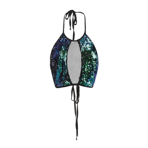 Hot Tank Top Women 2022 Summer Sequined Sexy Hollow Out Short Cropped High Street Halter Mermaid Sequin Top Wholesale