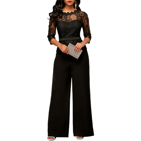 New Casual Elegant Lace Women Jumpsuits Wide Leg Long Sleeve Hollow Out Slim Work Office Rompers Feminino Playsuits