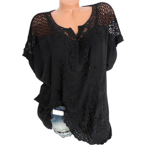 Plus Size 5XL Sexy Women Blouse Lace Hollow Tunic Tops 2022 Summer Short Sleeve Lady Office Shirt Casual Loose Blusa