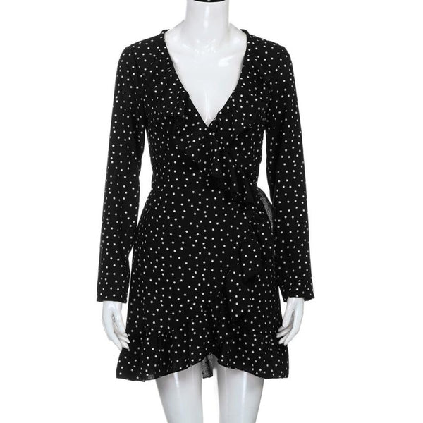 Star Print Sexy Summer Autumn Dress Beach Irregular Bow Wrap Short Dress Women V Neck Long Sleeve Chiffon Dress Vestido