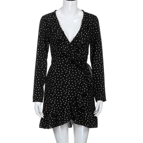 Star Print Sexy Summer Autumn Dress Beach Irregular Bow Wrap Short Dress Women V Neck Long Sleeve Chiffon Dress Vestido