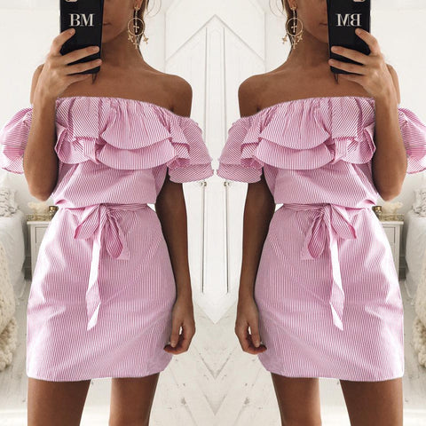 Summer Mini Dress Women Fashion Sexy Off Shoulder Slash Neck Striped Vestidos Female Beach Sundress For Party
