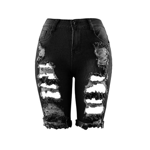 Women 2022 Summer Half Length Jeans Ripped New High Waist Fashion Streetwear Hole Stretch Slim Torn Woman Denim Shorts