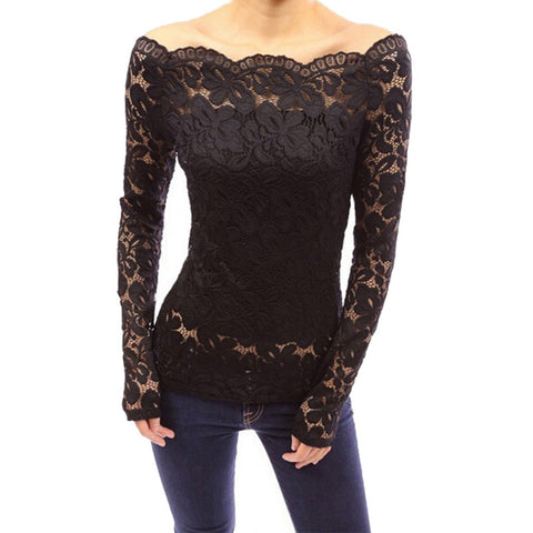 Women Blouses Lace 2022 Summer Black White Blue Red Off Shoulder Long Sleeve Lace Shirt Top Plus Size Autumn Clothes