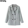 Autumn Retro Women Blazers Jacket Pockets Checkered Double Breasted Notched Full Sleeve Coats Female Outerwear Tops
