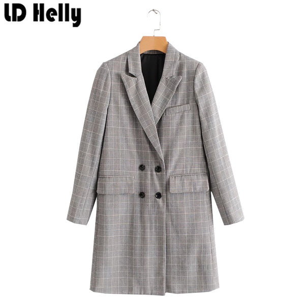 Double Breasted Button Plaid Longline Women Long Sleeve Elegant Blazer 2022  Autumn Winter Work Wear Vintage Blazer Coat