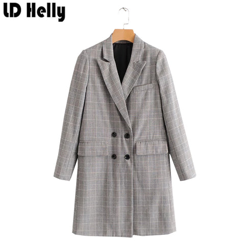 Double Breasted Button Plaid Longline Women Long Sleeve Elegant Blazer 2022  Autumn Winter Work Wear Vintage Blazer Coat