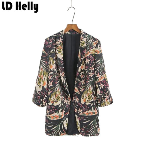 Vintage Women Blazers Jacket Fashion Leaf Floral Printed Office Upper Garments Female Long Sleeve Casual Brand Coat Top