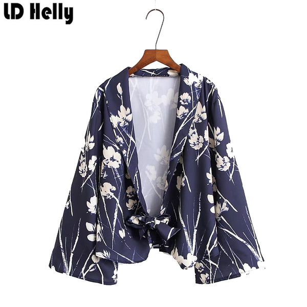 Women Flowers Printed Blazers Jacket Female Notched Full Flare Sleeve Bow Tie Casual Brand Tops Cots Casaco Feminine