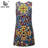 Fashion Designer Runway Summer Dress Women's Sleeveless Luxury Crystal Beading Printed Vintage Dress