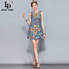Fashion Designer Runway Summer Dress Women's Sleeveless Luxury Crystal Beading Printed Vintage Dress