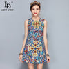 Fashion Designer Runway Summer Dress Women's Sleeveless Luxury Crystal Beading Printed Vintage Dress