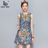 Fashion Designer Runway Summer Dress Women's Sleeveless Luxury Crystal Beading Printed Vintage Dress