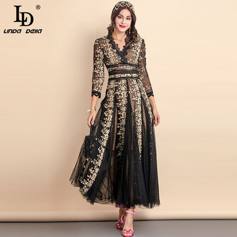 LD LINDA DELLA Autumn Winter Designer Long Party Dresses gown Women Gorgeous Mesh flower Embroidery Vinatage Maxi Dress