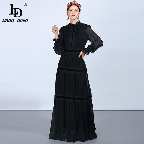 LD LINDA DELLA Runway Maxi Dresses Women's Long Sleeve Lace Patchwork Ruffles Vintage Black Dress Elegant Party Dress